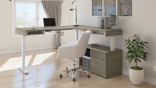 Load image into Gallery viewer, 72&quot; Walnut Gray and White Adjustable L-Desk with Credenza
