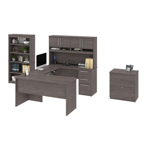 Bark Gray 60" U-Desk Set with Customizable Configuation, Bookcase, & File