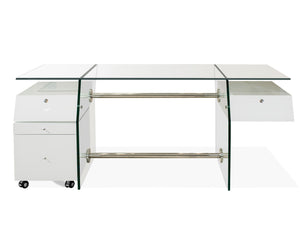 69" Modern Glass Executive Desk with White Lacquer Drawers