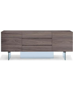 Stunning 79" Walnut Storage Credenza with Drawers and Glass Base