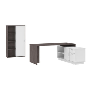 71" Modern L-Shaped Desk Set with Credenza & Cabinet in Bark Gray/White